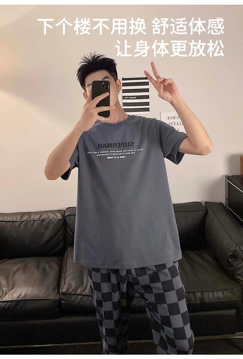 Summer Knitted Plaid Cool Mens Pyjamas Pajamas Casual Pjs Lounge Sets.