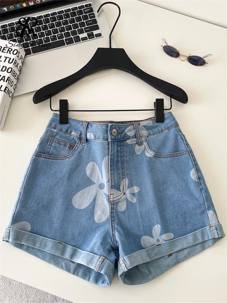 SINGREINY Print Denim Shorts Casual Korean Style High Waist Slim.