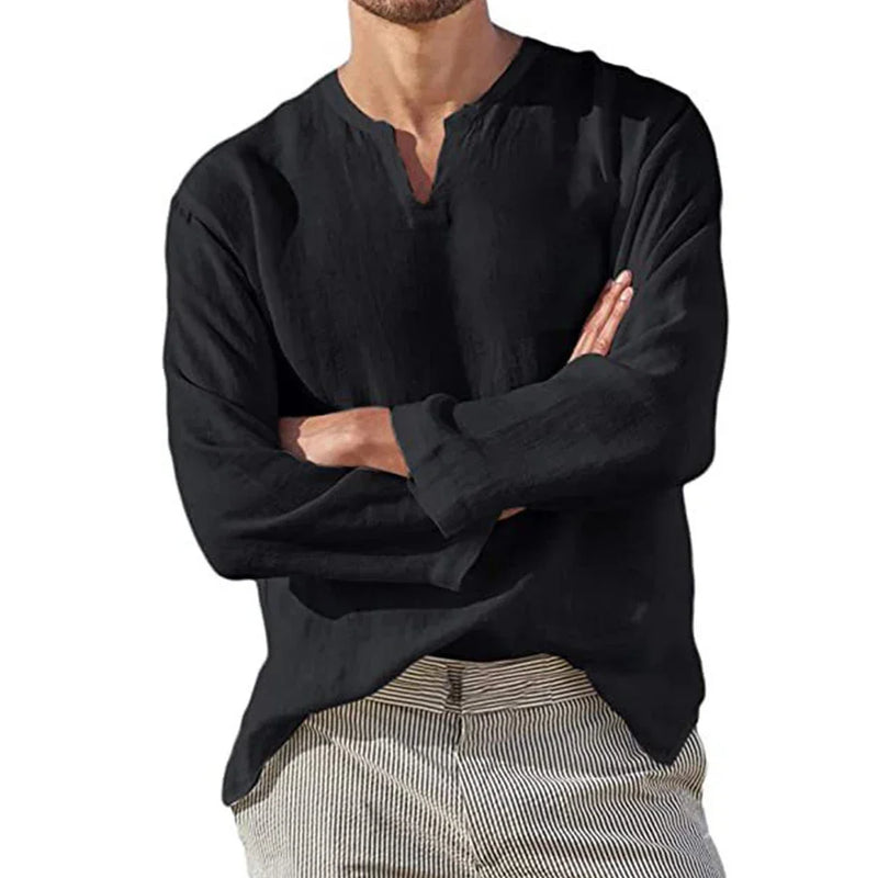 Men's Cotton Linen Shirt Cozy Solid Color Long Sleeve Breathable Tops.
