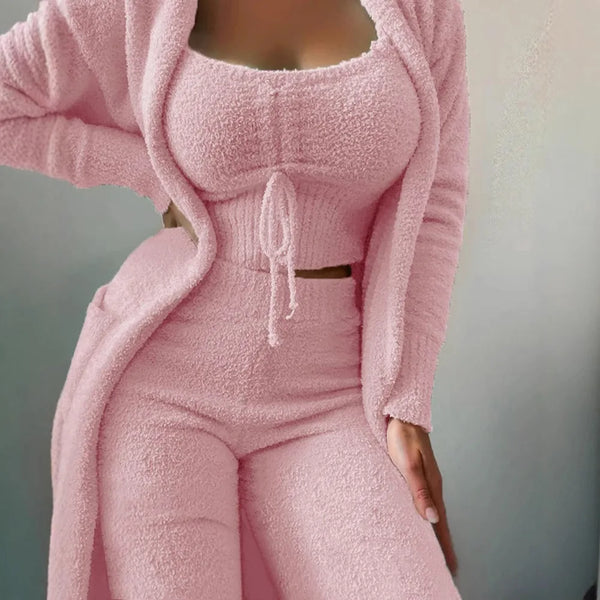 Luxury Women's Plush Pajamas Set Crop Top+Long Pants+Coat 3 Pieces.