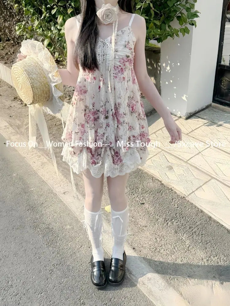Women’s  Sweet Kawaii Y2k Min Dress Lolita Cute Sleeveless Floral Dress.