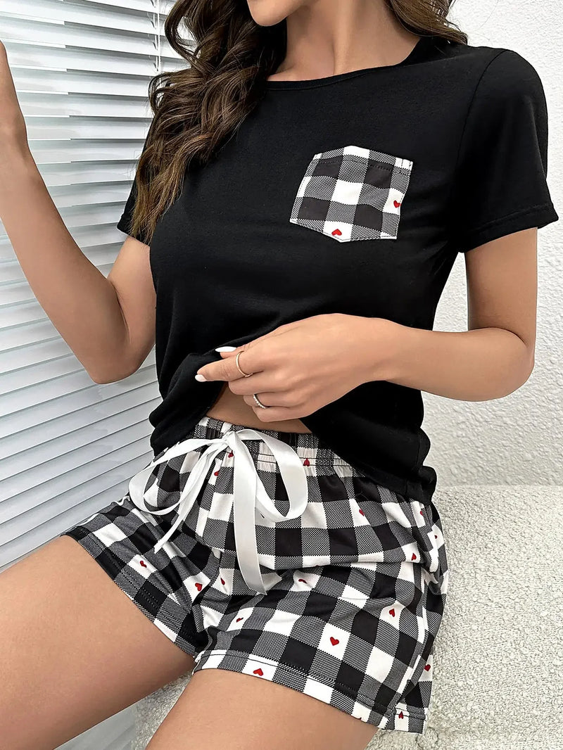 Summer Women's Pajamas Set Screw Neck Tee & Shorts Sleepwear 2 Pieces.