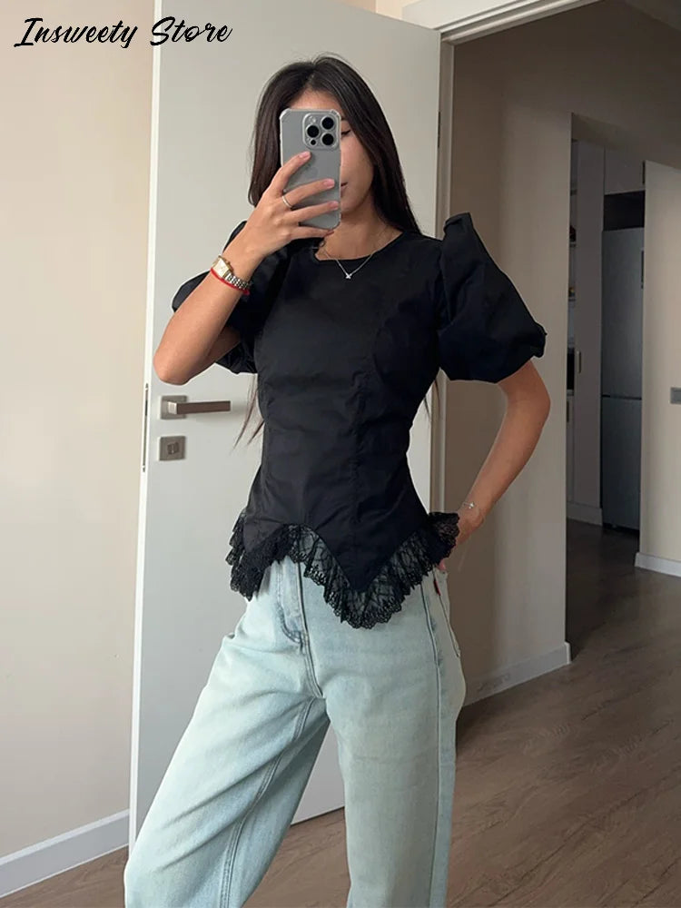 Casual Lace Insert Hem Blouse Women's Puff Sleeve Solid Round Neck.