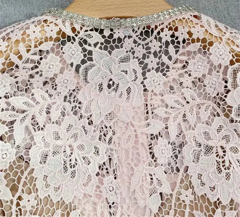 Women’s Lace Midi Dress Diamonds Bow Pink Floral Crystal Short Sleeve.