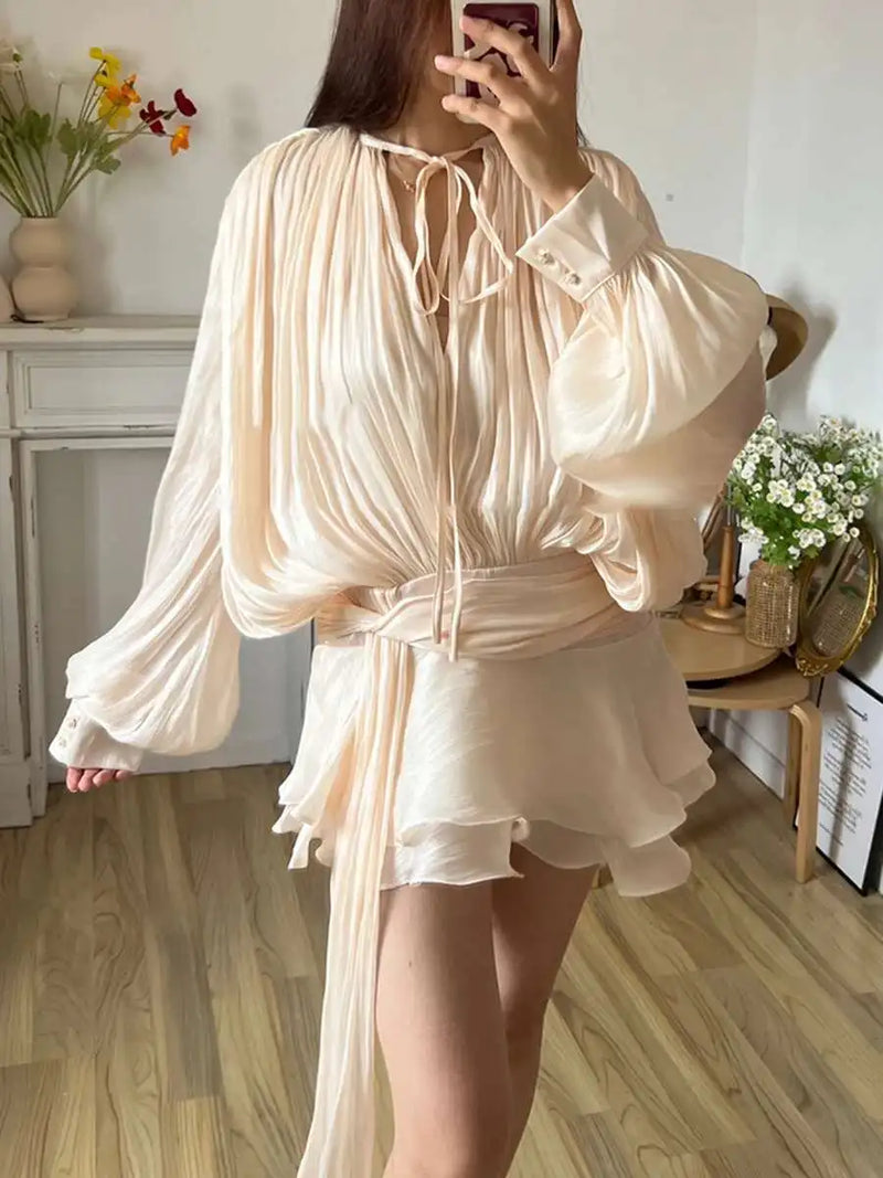 TWOTWINSTYLE Solid Blouse Mini Dresses For Women V Neck Long Sleeve.