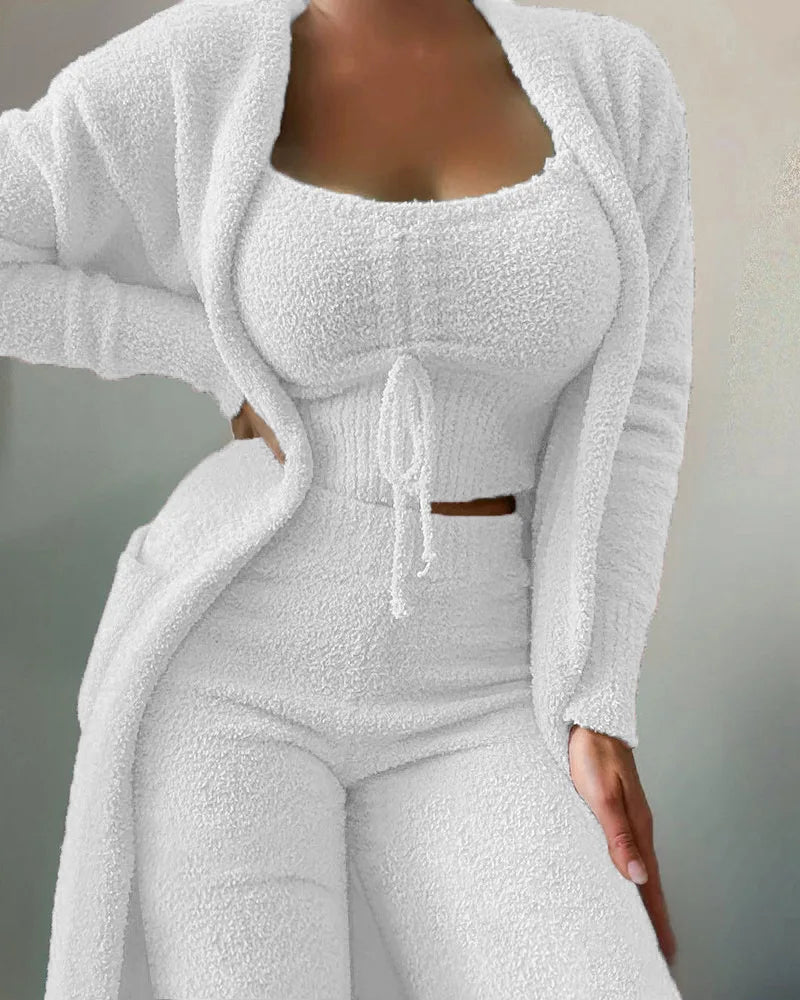 Luxury Women's Plush Pajamas Set Crop Top+Long Pants+Coat 3 Pieces.