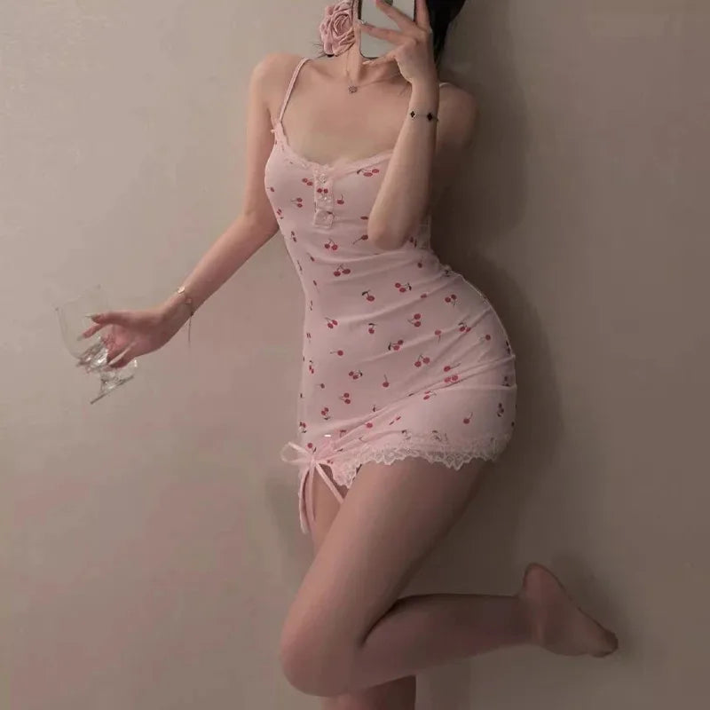 Summer Cherry Pattern Printed Nightgown Suspender Pink Women's Sleep Dress.