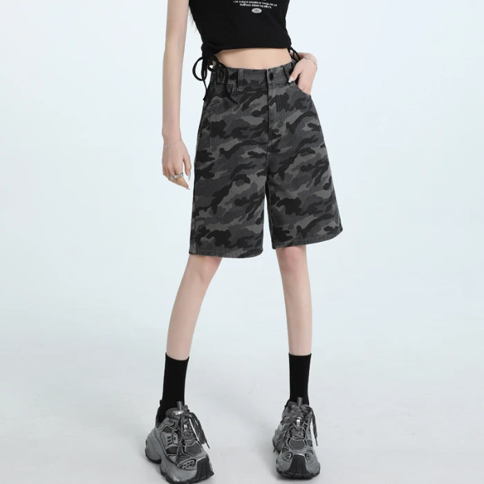 Women's High Waist Loose Straight Leg Camouflage Denim Shorts.