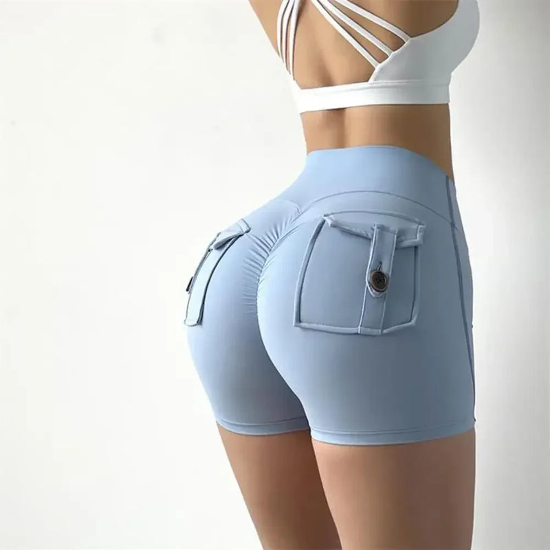 Fitness Exercise Three-Quarter Pants Cargo Air Dry Pocket Yoga Tight lift the hips Women's Shorts.