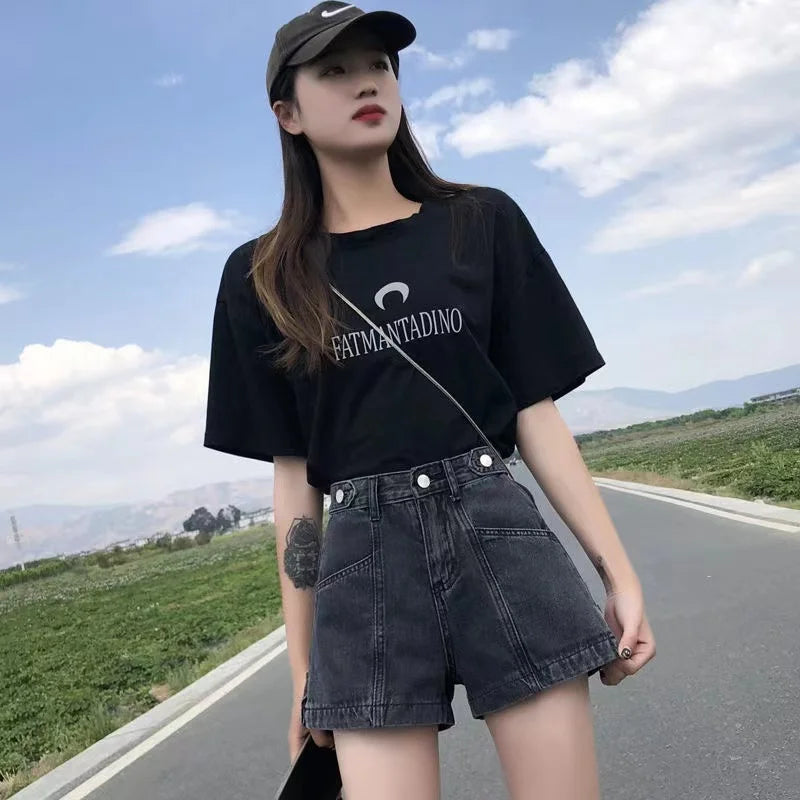 Women's Korean Y2K Black Denim Shorts Summer.