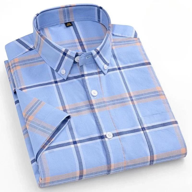 fashion summer cotton oxford plaid short sleeve shirt for man designer office.