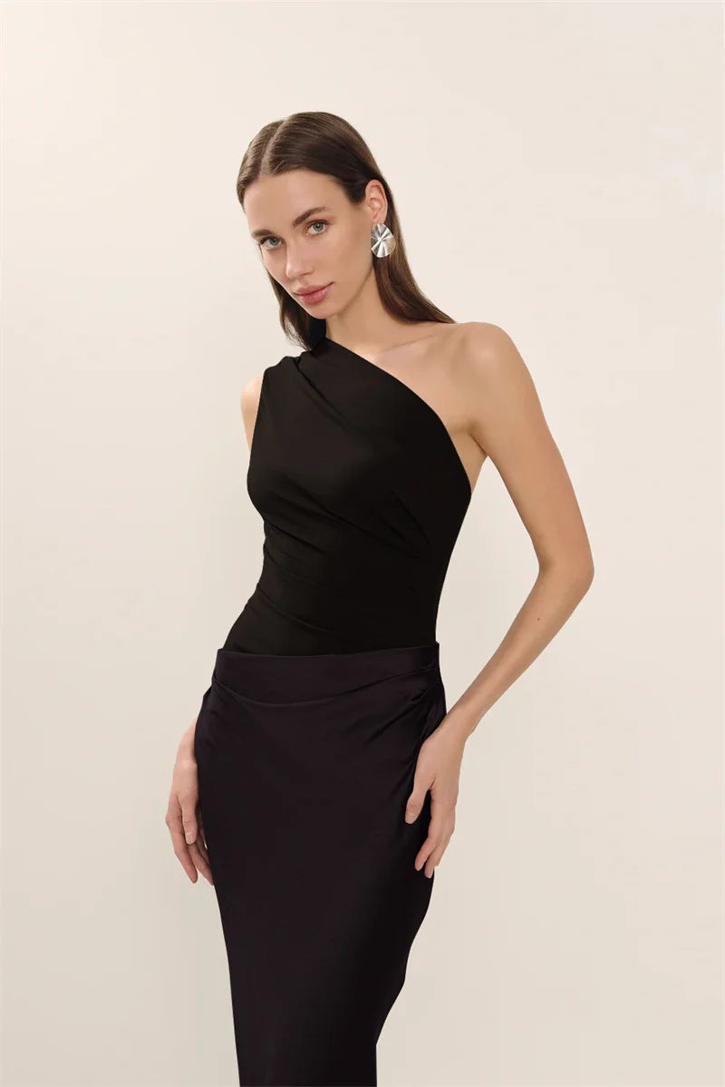 Women’s Mozision Satin Inclined Shoulder Sexy Maxi Dress.