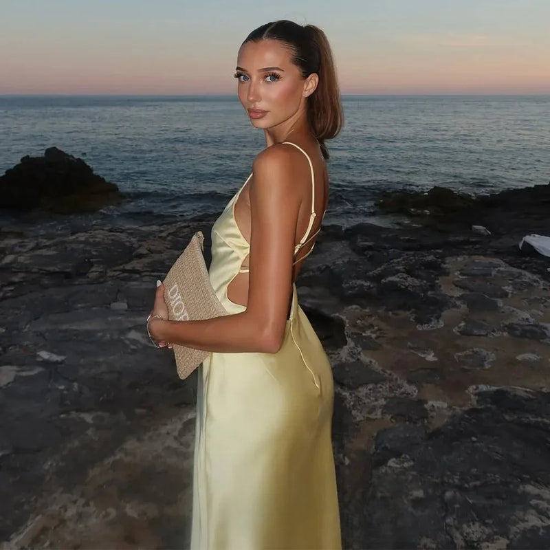 Sexy Chic Satin Women Party Dress V Neck Backless Long Eevning Club Dress.