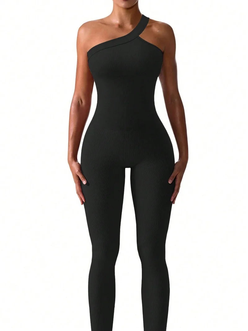 Women Yoga Jumpsuits Workout Ribbed One Shoulder One Piece Sport.
