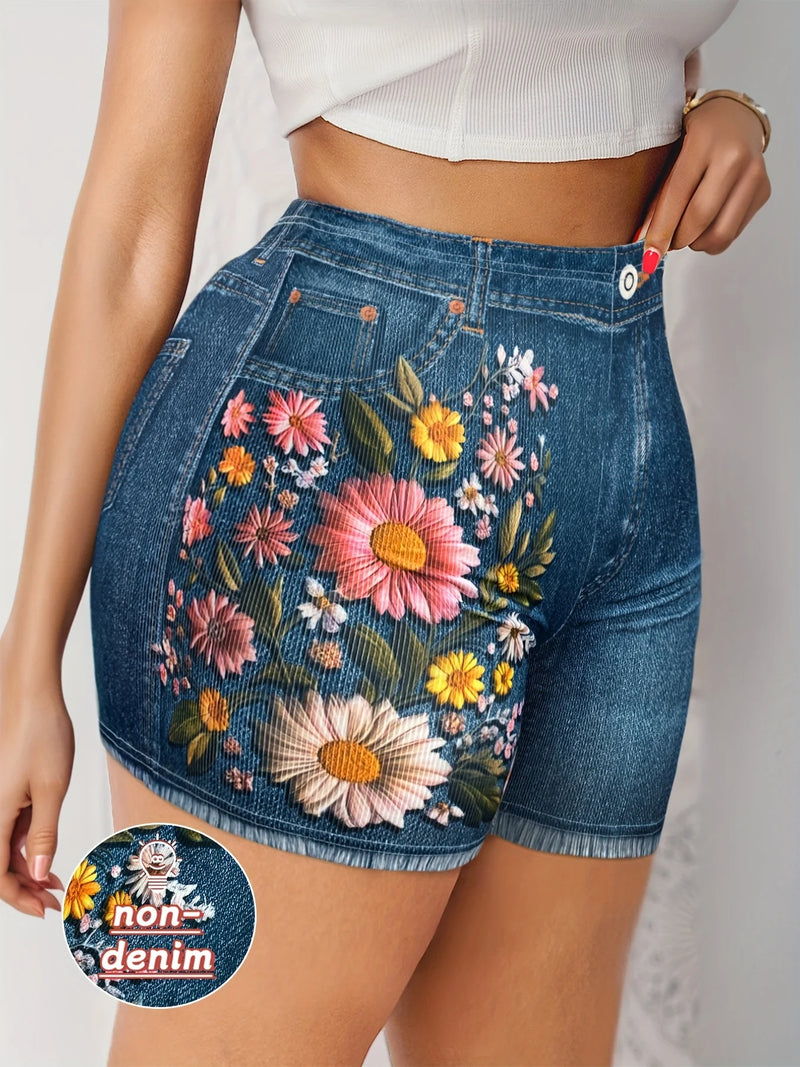 Women's Stretch Denim Like Shorts with Floral Print Design.