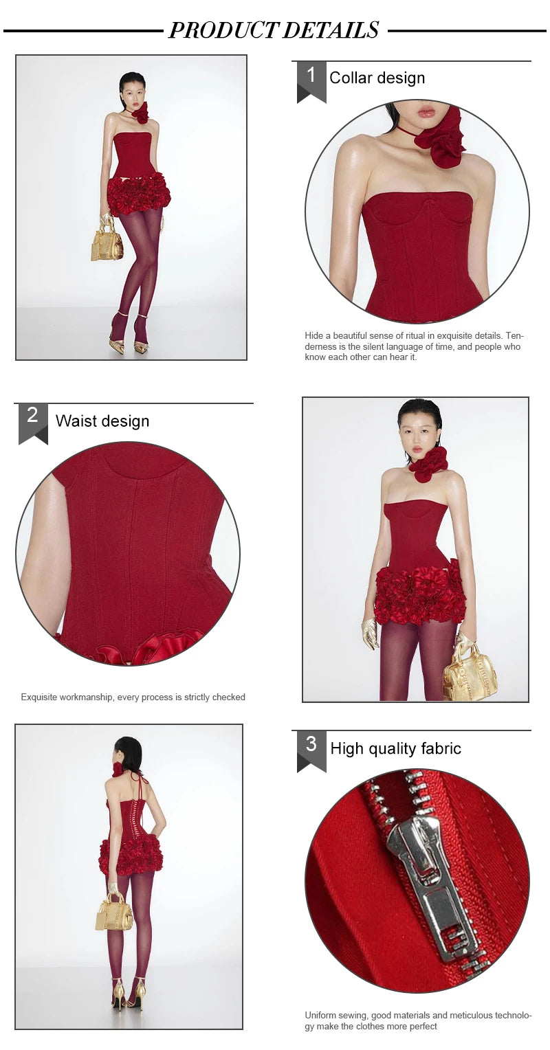 VC Christmas Dress Strapless Backless Red Structured Floral Embellished Mini Length.