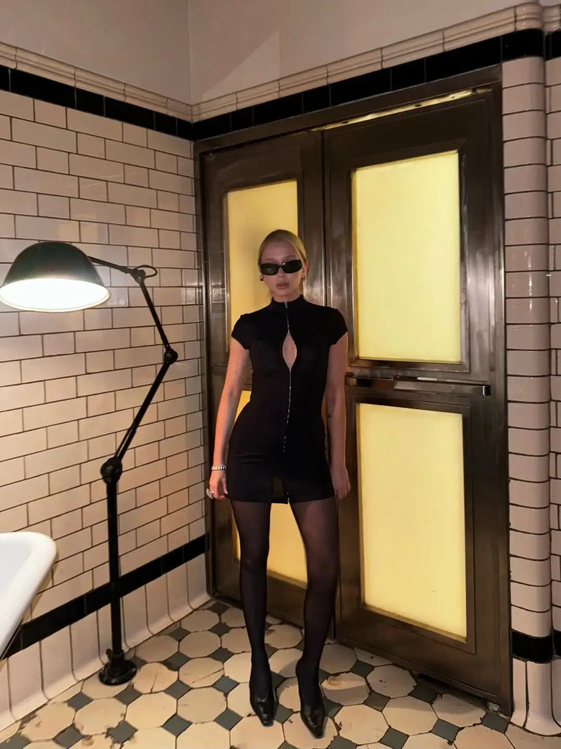 Kpop Black Hollow Out Mini Dress Women.