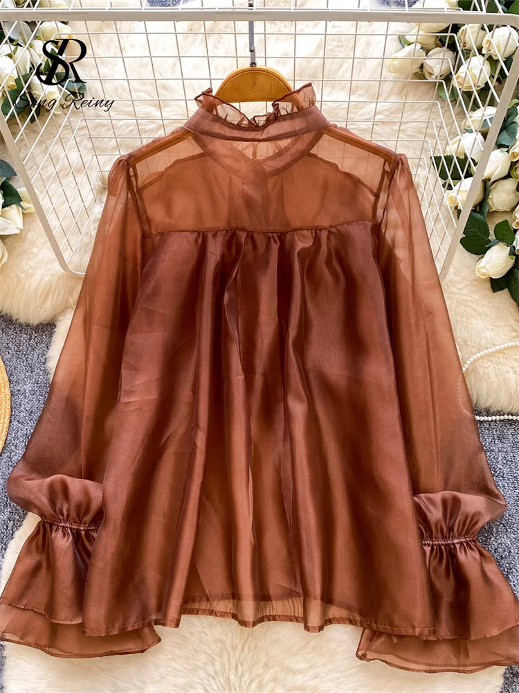 SINGREINY Feminine Ruffles Chiffon Blouse Puff Sleeve French Style Office.