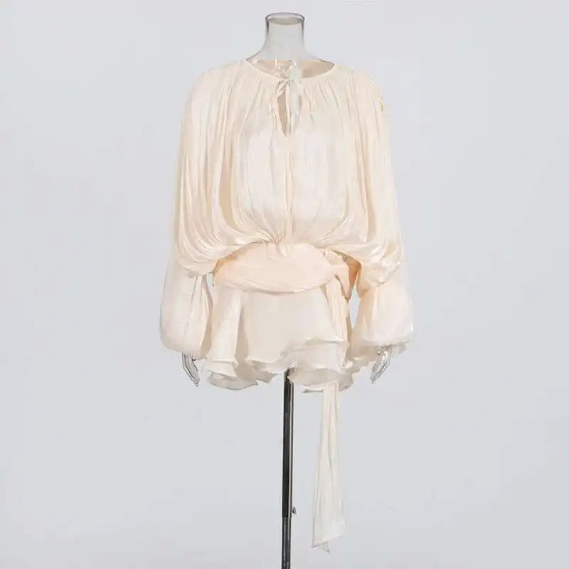 TWOTWINSTYLE Solid Blouse Mini Dresses For Women V Neck Long Sleeve.
