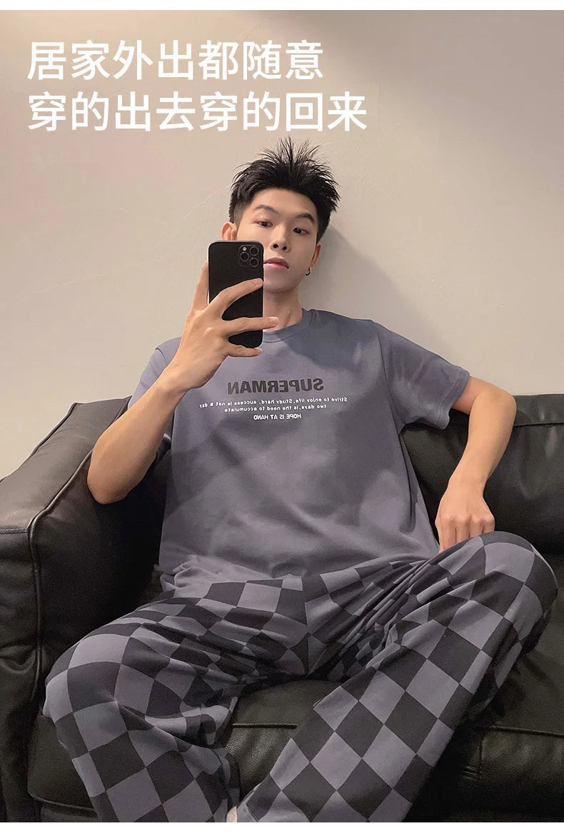 Summer Knitted Plaid Cool Mens Pyjamas Pajamas Casual Pjs Lounge Sets.