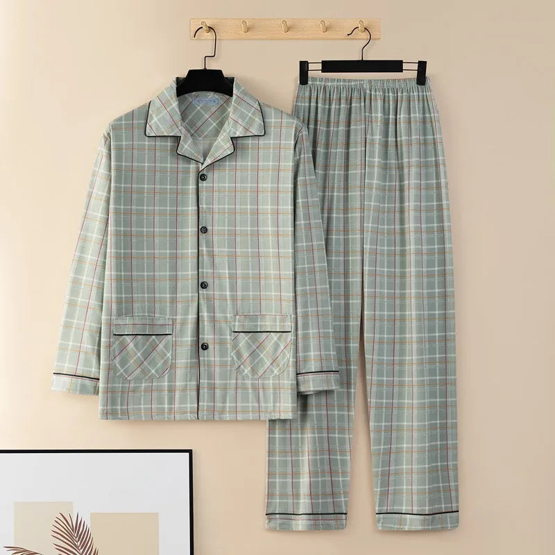 Men Pyjamas Fall and Winter Plaid Simple Sleepwear Homewear.