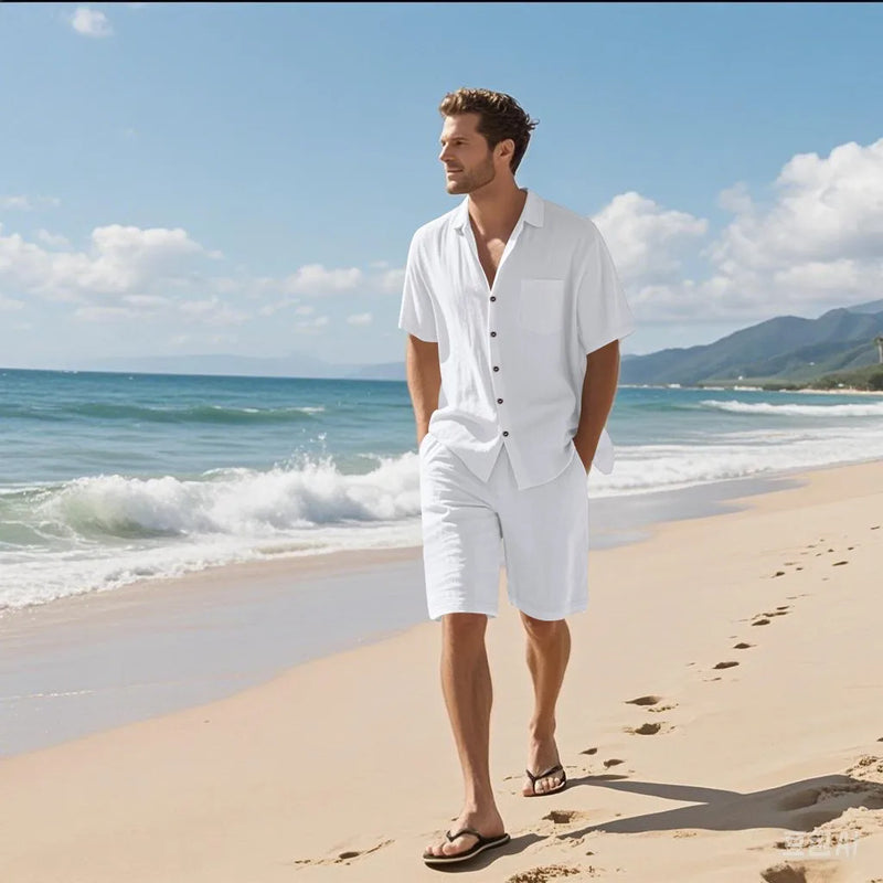 Summer Men's suit is a linen shirt short-sleeved and two-piece shorts set.