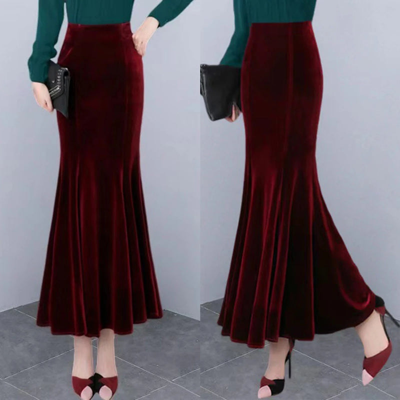 Womens Velvet Skirt Fashion Slim Mermaid Skirt Solid Color High Waist.