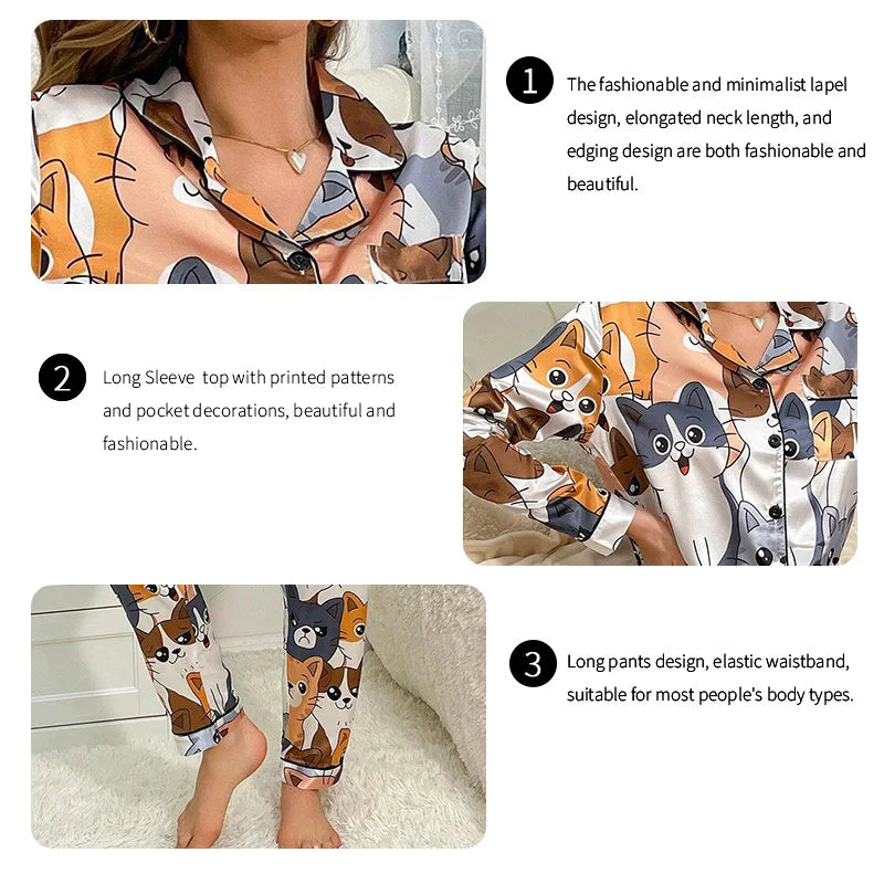 Cute Cat Print Pajama for Women Satin Long Sleeve Lapel Collar Tops & Pants Pyjama.