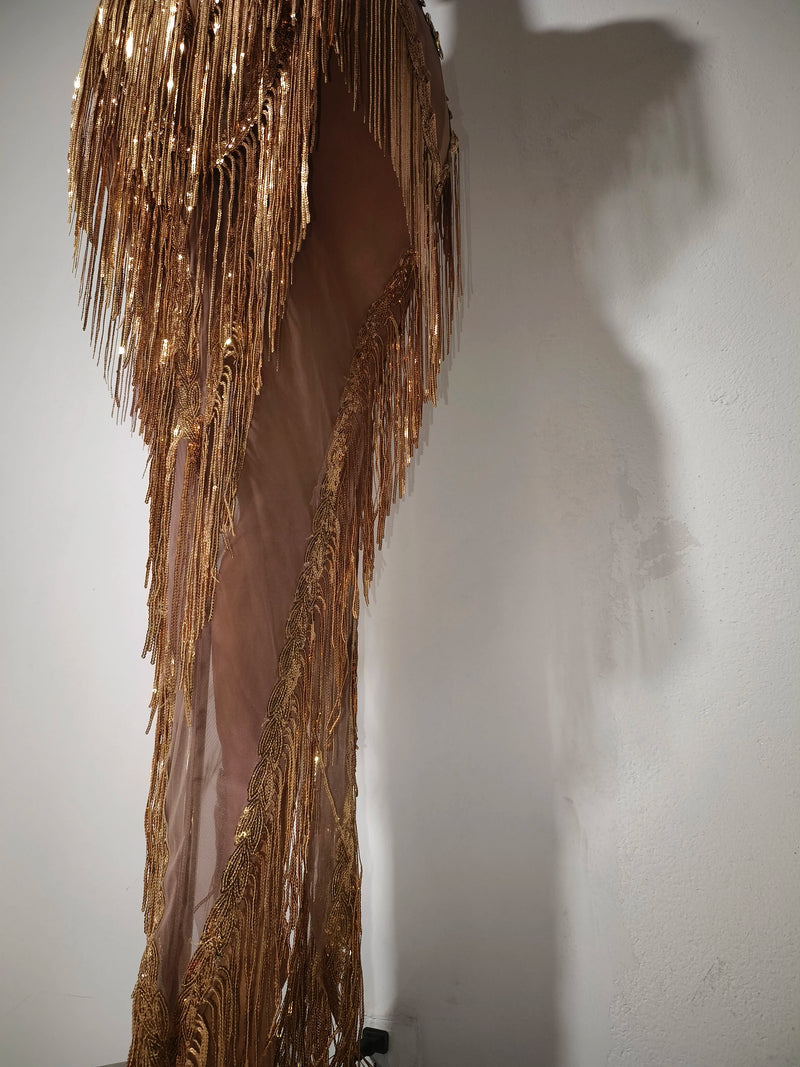 Women Sexy Mesh Sparkly Rhinestone Tassels Stretch Long Dress.