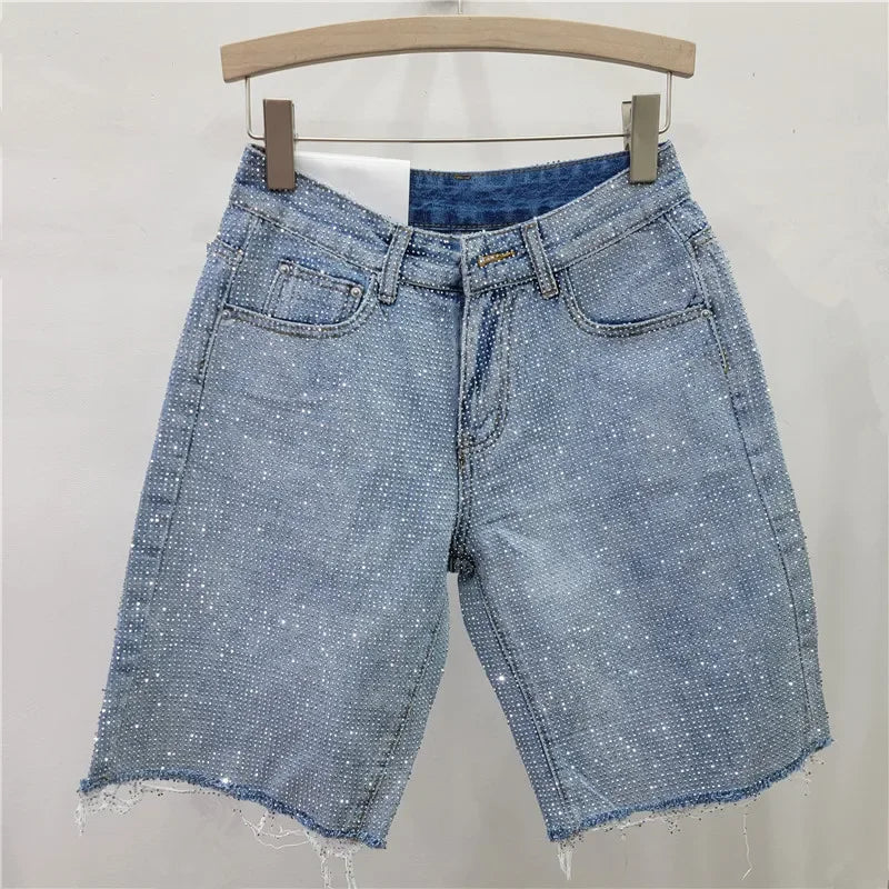 Denim Shorts Women Short Pants Diamonds High Waist.