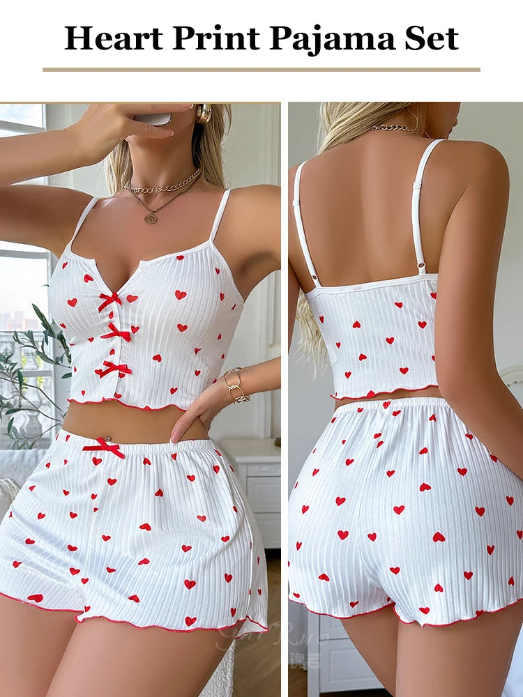 Sleepwear Women Pajamas Set Heart Print Soft Ribbed Fabric with Flirty Frill.