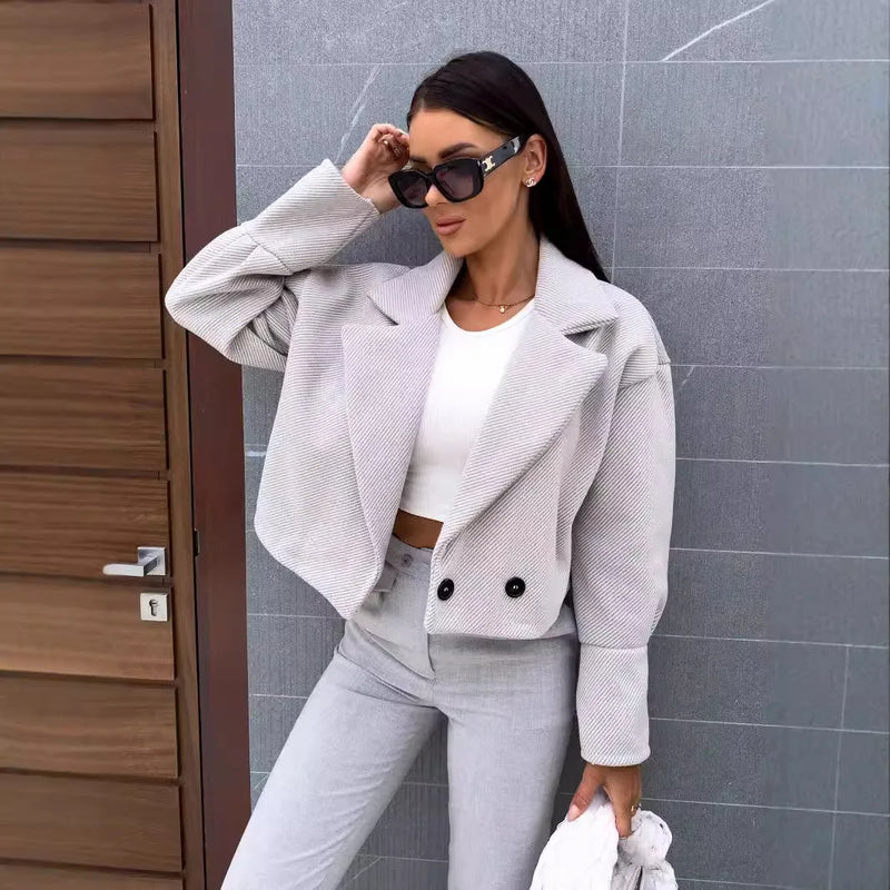 Women Casual Lapel Neck Long Sleeve Button Decor Loose Fit Short Blazer.