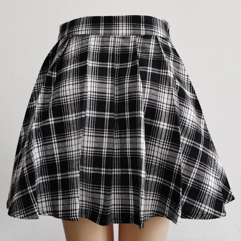 Gothic Sweet Women Pleated Skirt Fashion Plaid Mini High Waist Chic Skirt.