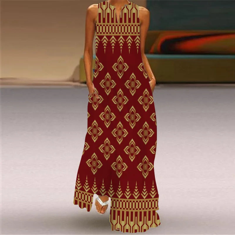 Vintage Print Maxi Dress For Women.