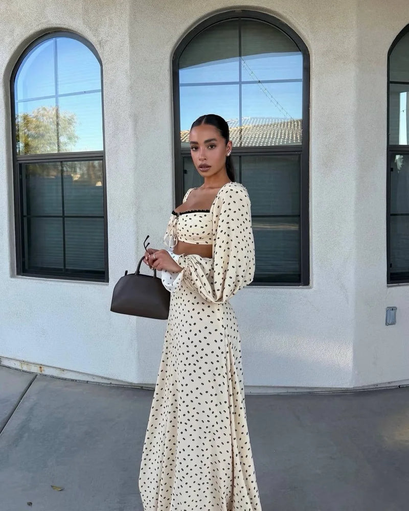 Sexy Polka Dot Tank Top Skirt Women Set Beach Long Lantern Sleeve Tops.