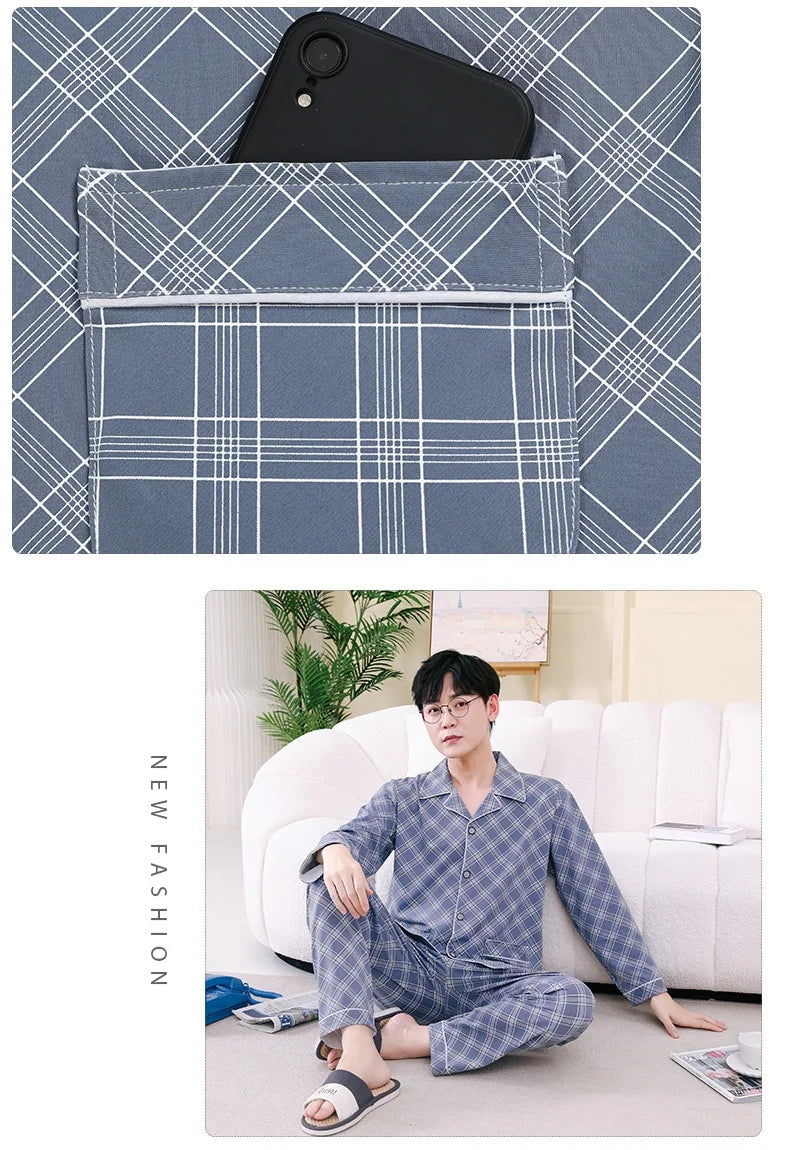 Men's Pajamas Spring Fall and Winter Plaid Printed Long-Sleeved.