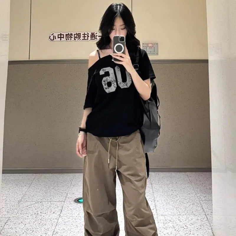 Black Off Shoulder Slant Neck Short Sleeve T-Shirt Summer Women Sweet.