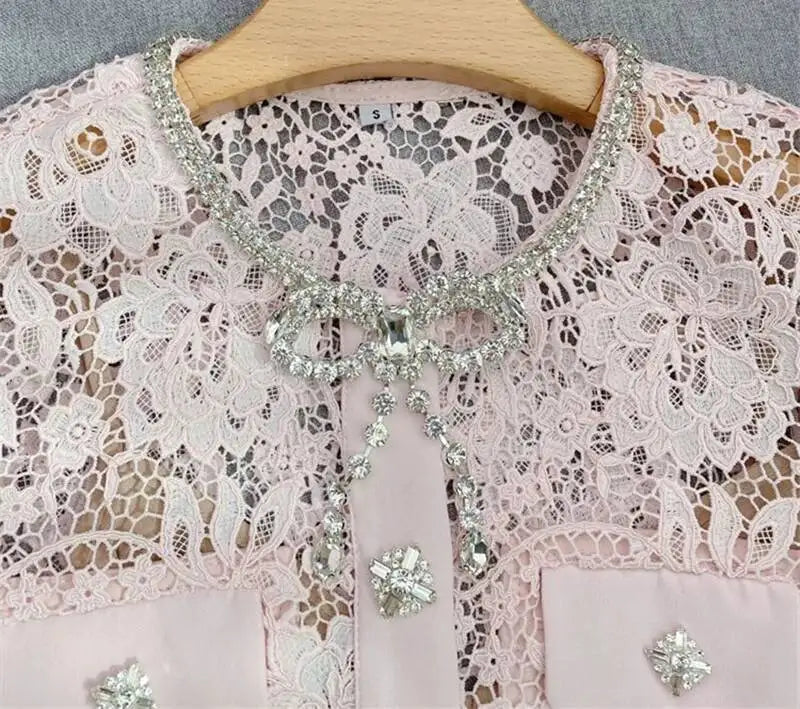 Women’s Lace Midi Dress Diamonds Bow Pink Floral Crystal Short Sleeve.