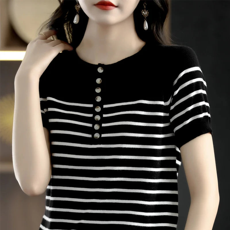 cotton T-shirt women's knitted striped short sleeved casual round neck.