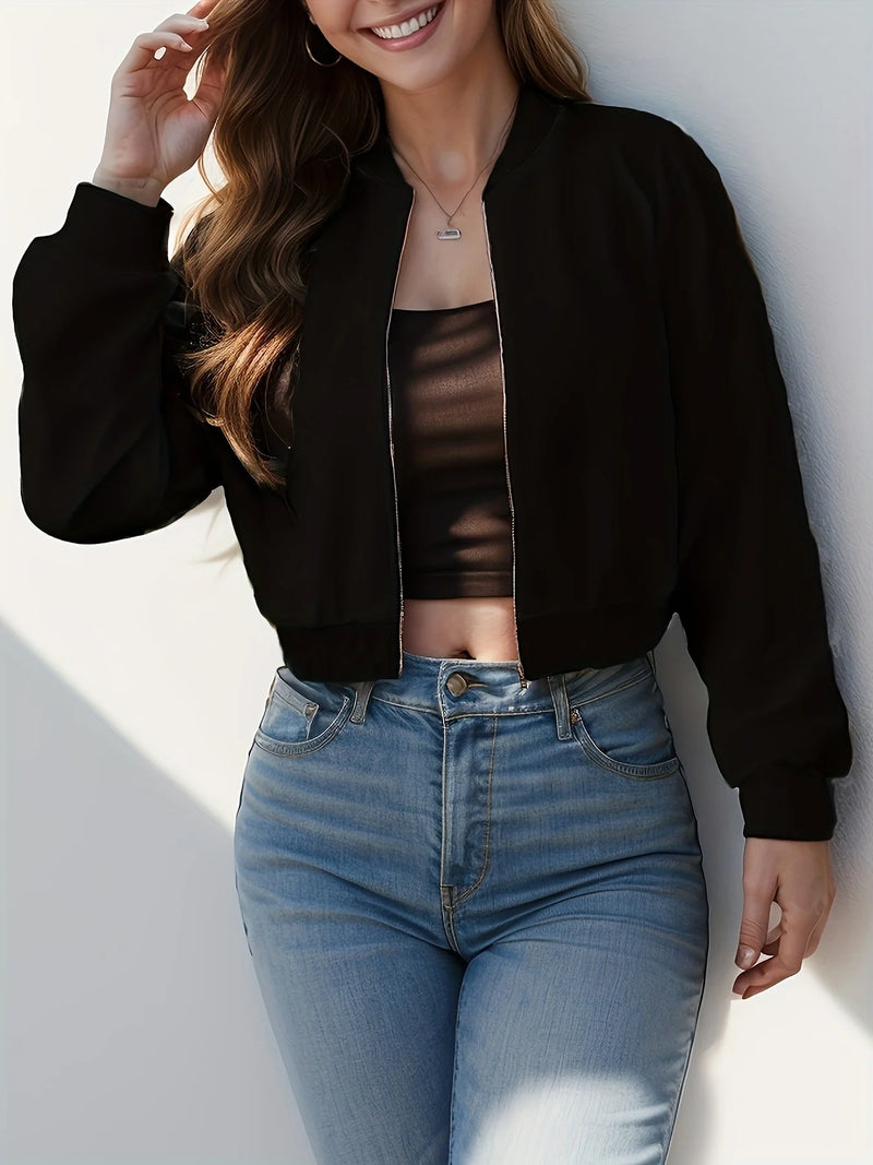 Solid Color Zip Up Jacket, Elegant Long Sleeve Baseball Collar.