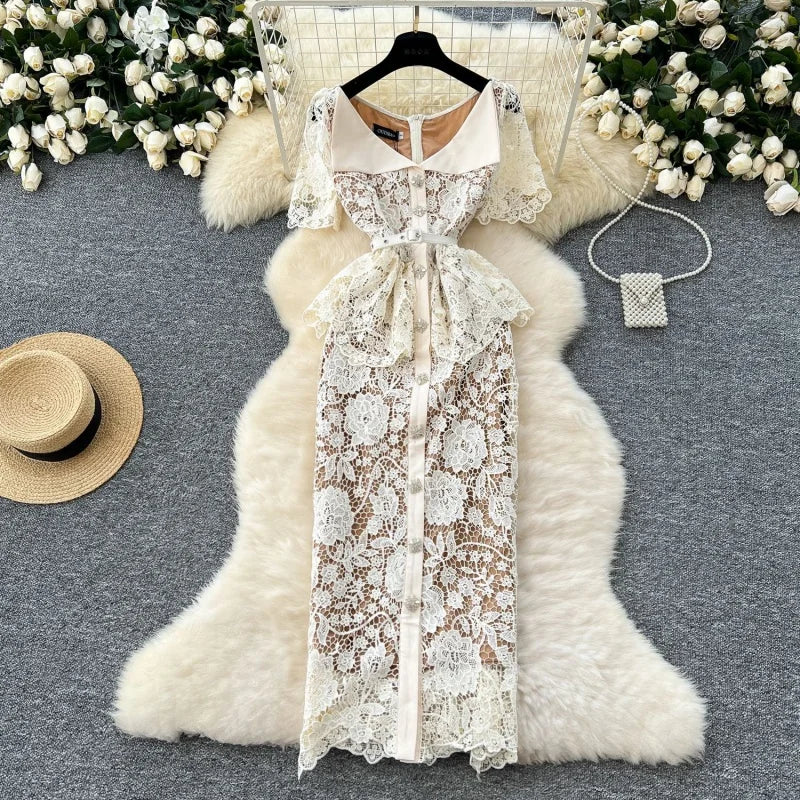 Women’s Elegant Hook Floral Hollow Lace Dress.