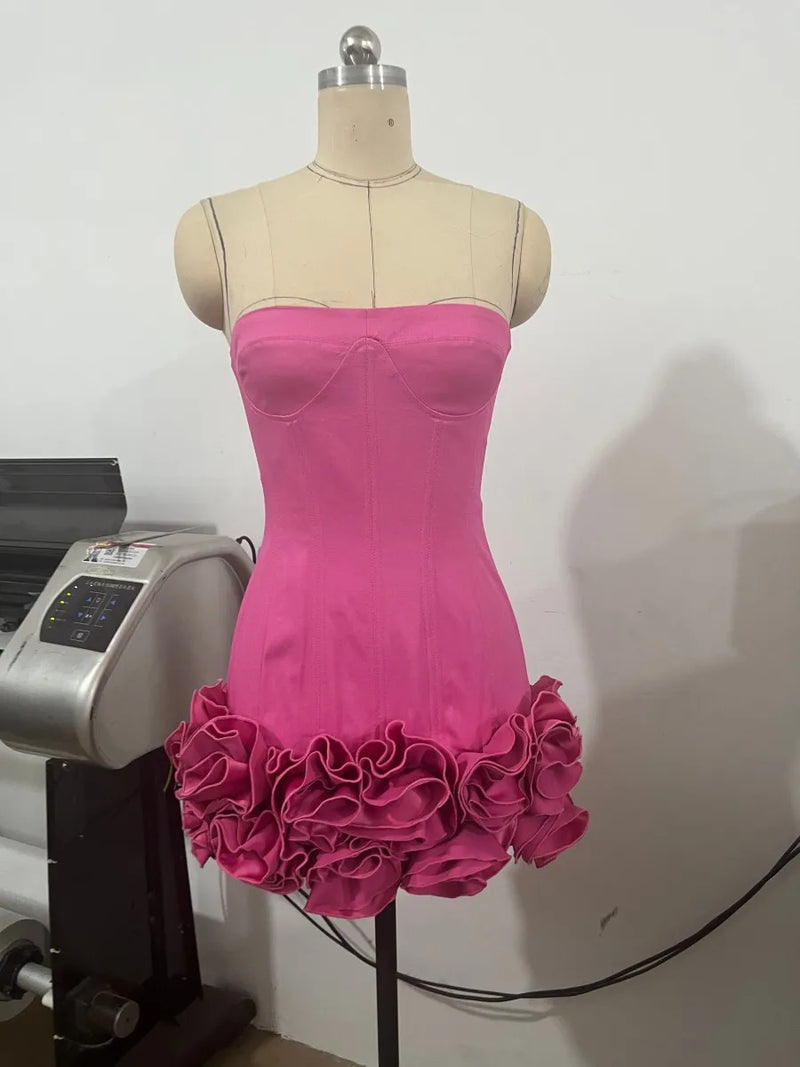 VC Christmas Dress Strapless Backless Red Structured Floral Embellished Mini Length.