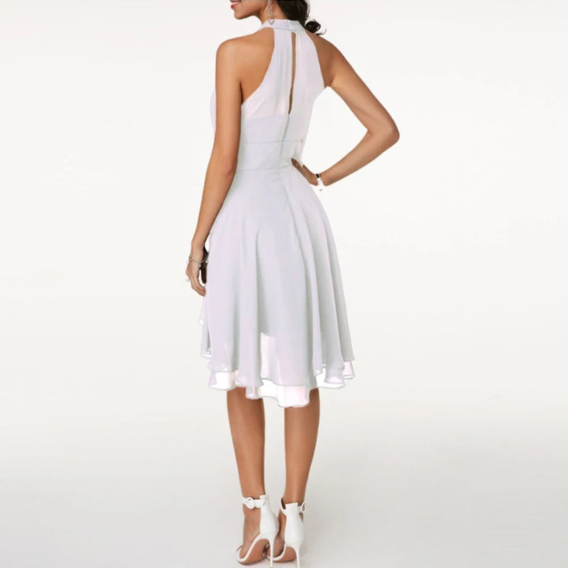 Women’s Elegant Dress Summer Solid High Waist Halter Sleeveless Midi Dresses.