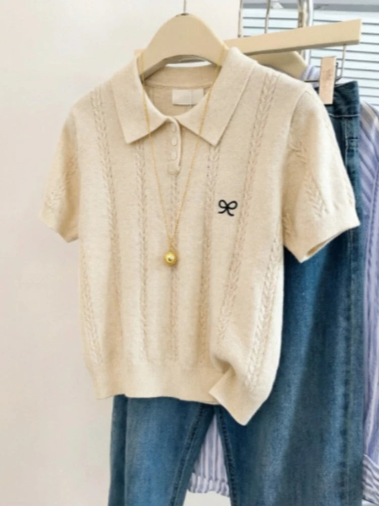 AOSSVIAO Cute Bow Embroidery Short Sleeve Tops Summer Women.