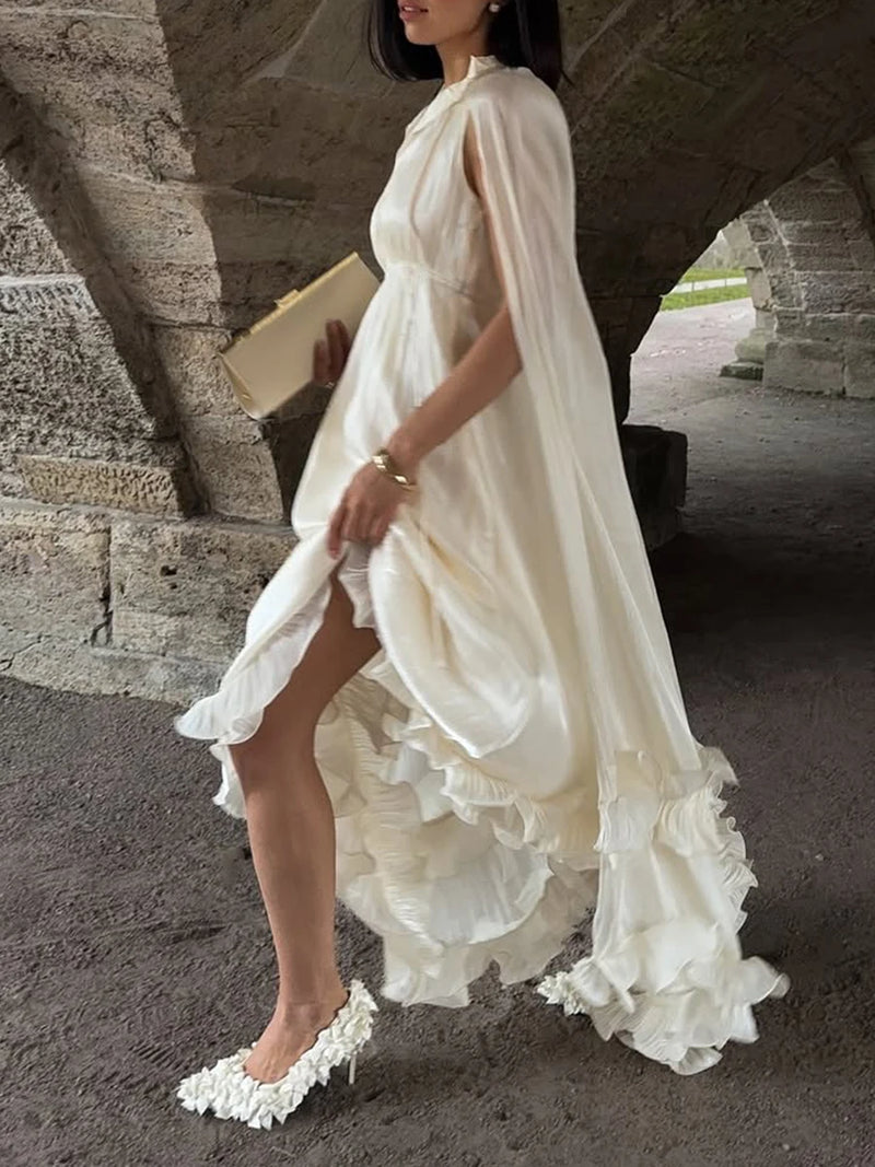 VGH Solid Spliced Ruffles Cape Long Dresses for Women.