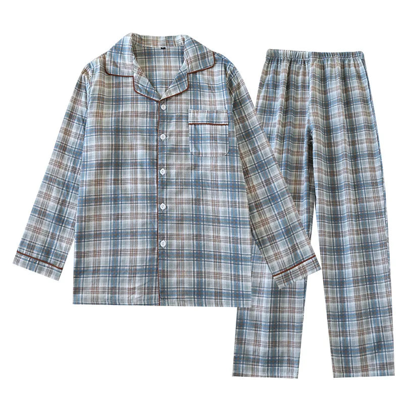 Men's Pajama Set Spring/Summer Checkered Simple Long sleeved Two Piece.