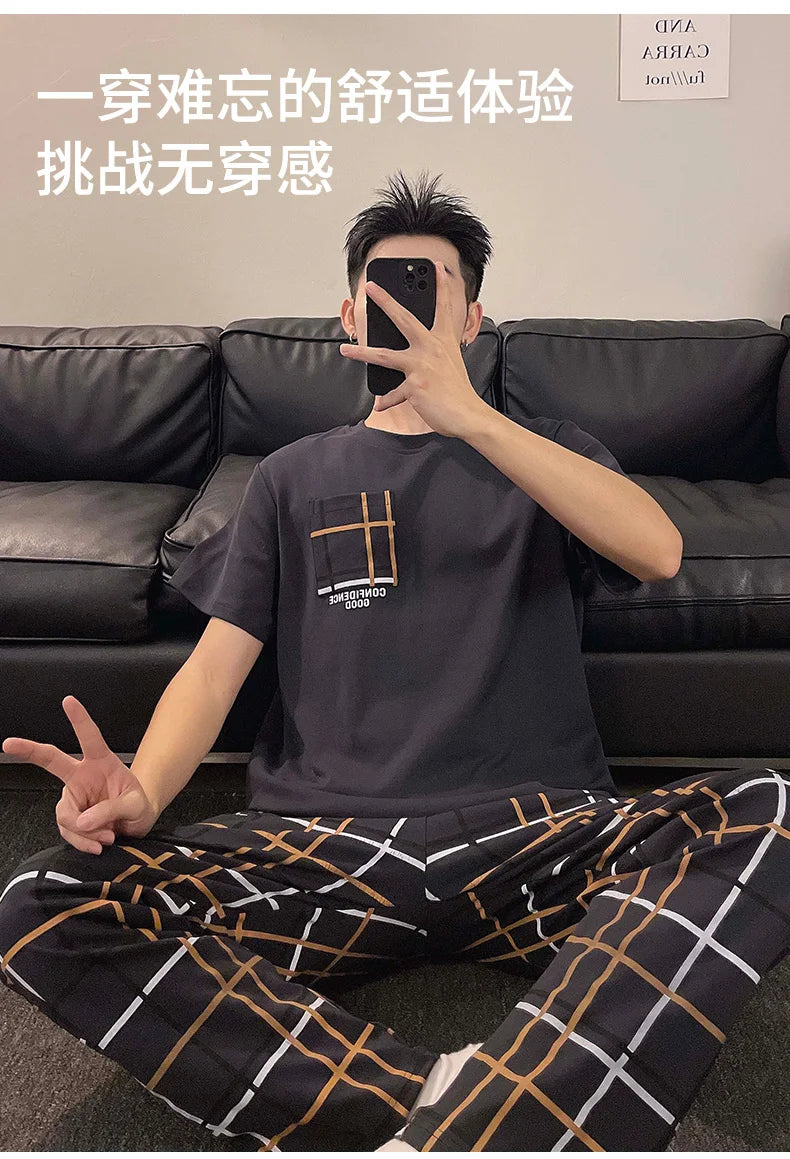 Summer Knitted Plaid Cool Mens Pyjamas Pajamas Casual Pjs Lounge Sets.