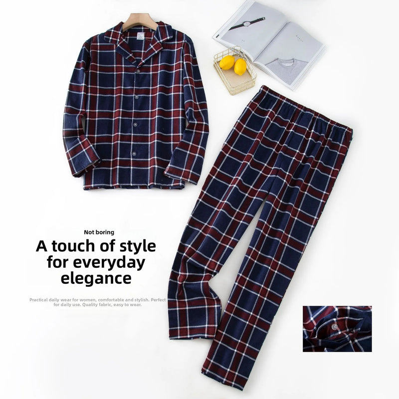 Men's Long Sleeve Plaid Velvet Set Autumn Winter Pajamas.