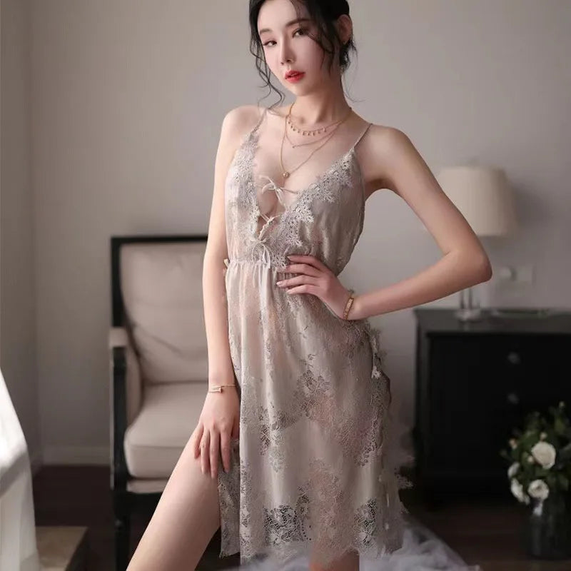 Grey Floral Hollowed Out Lace Nightdress Womens Nightgown Sleepwear.