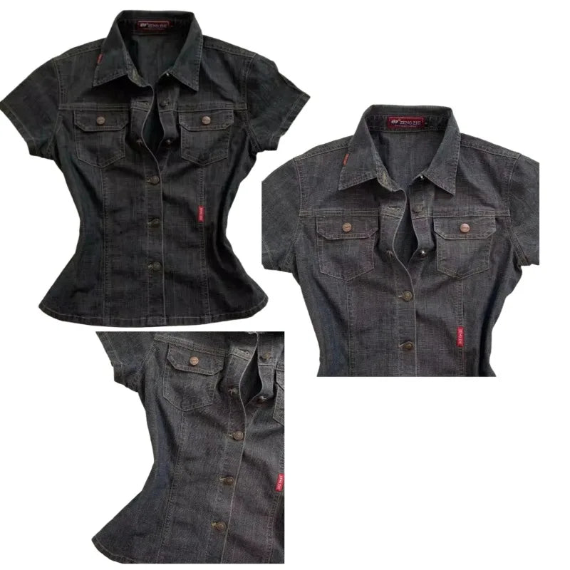 American Harajuku Retro Wash Fashionable Sexy Denim Short-sleeved.